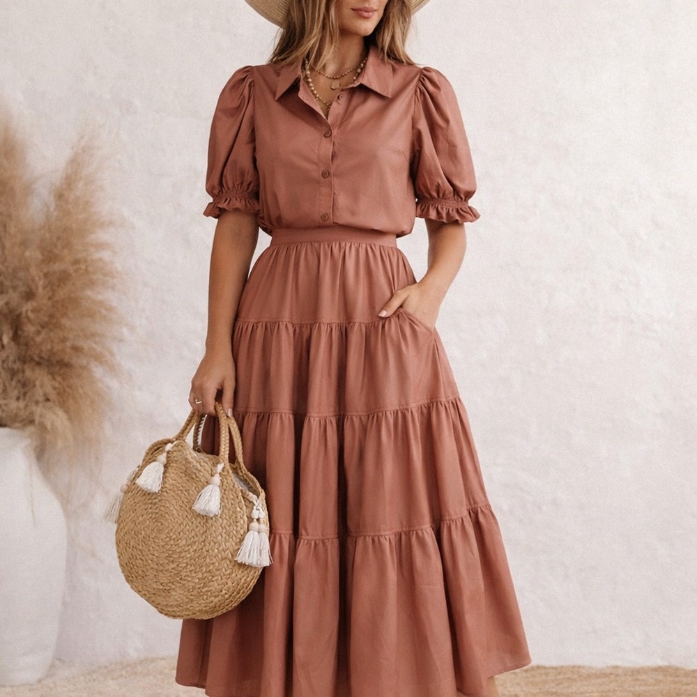 Easel Terracotta Midi Skirt with Puff Sleeve Blouse 07-0268
